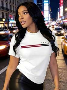 100% Cotton Women's T-Shirts 2026 Hot Hour - Women's Y2K Graphic T-Shirt - Paris Print, Black And White Stripes, Soft Polyester Blend, Washable, Casual Short Sleeve Top For All Seasons, Everyday Tee | Y2K Fashion | Relaxed Fit, Women's Shirt, Women's Dress Shirt, Women's Blouse, Women's Hen Party Shirt - White - View 2