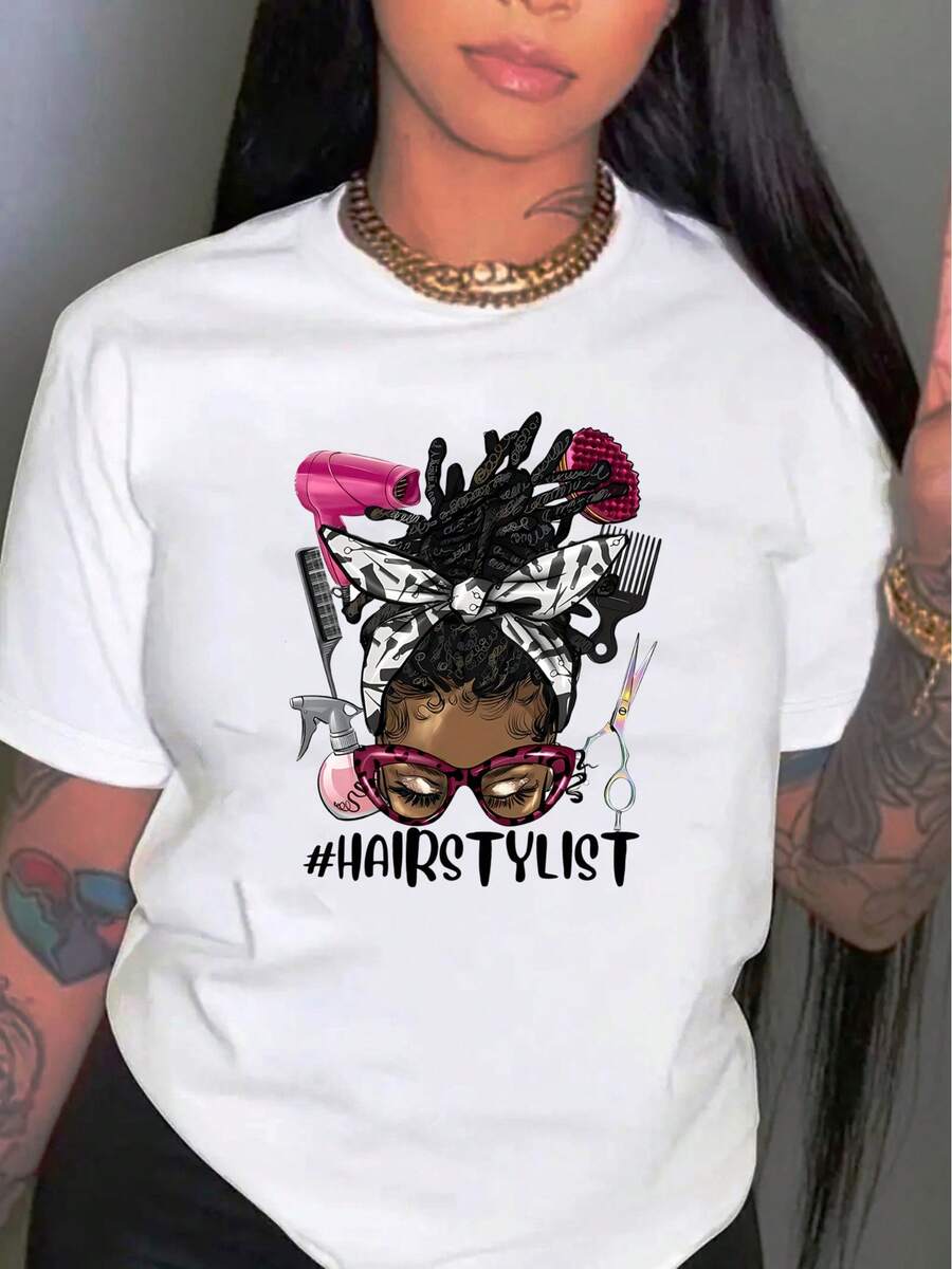 Women's Floral Print T-Shirt, Casual Round Neck, Short Sleeve, Comfortable Summer Top, Polyester Fabric, For All Seasons#Y2k Hair Stylist Graphic T-Shirt - 白色 - 查看 1