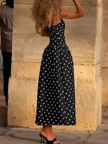2026 Nuevo vestido elegante, sexy y casual de primavera/verano para vacaciones, fiestas de té, festivales de música country, con volantes en la cintura, tirantes a lunares, color blanco - Negro - Ver 6