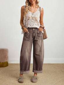 Women's Button Waist Design Pocket Tapered Casual Jeans - Café integral - Ver 5