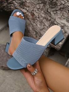 2026 Sandal cao gót đan mới, Sandal quai gót dày mũi vuông, Giày xỏ thấp cổ đa năng, Cao gót & tôn dáng, Sandal nữ thoải mái - Màu xanh lam - Xem 3