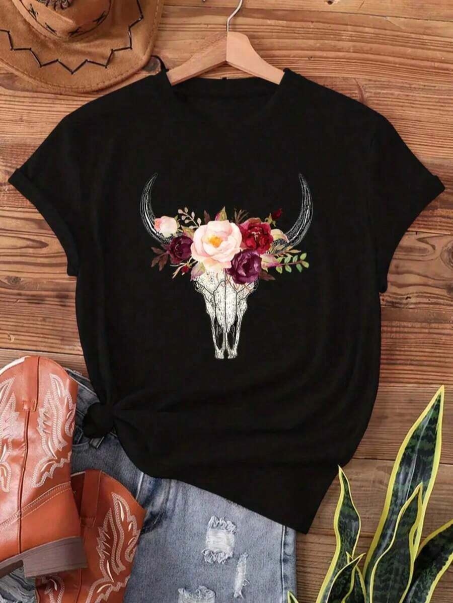 1 Piece Fashion Casual For Men And WomenNuevo lanzamiento otoño-invierno 2026: Camiseta de manga corta para mujer con cuello redondo, cut relajada y estampado de cabeza de toro en un diseño actual. Tela ultra suave con una excelente caída, ideal para looks urbanos y de estilo callejero. Versátil, fácil de combinar, adecuada para el uso diario, estilo urbano, conjuntos de vacaciones y ropa de fin de semana. - Negro 5 - Ver 1