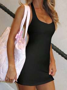 Vestido mini de línea A con escote halter y espalda descubierta, estilo casual Y2K para mujer, elegante rosa para fiesta de verano - Negro - Ver 7