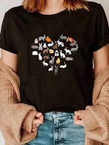 Camiseta de  de manga corta para mujer con diseño de conejos y corazones - Negro - Ver 9