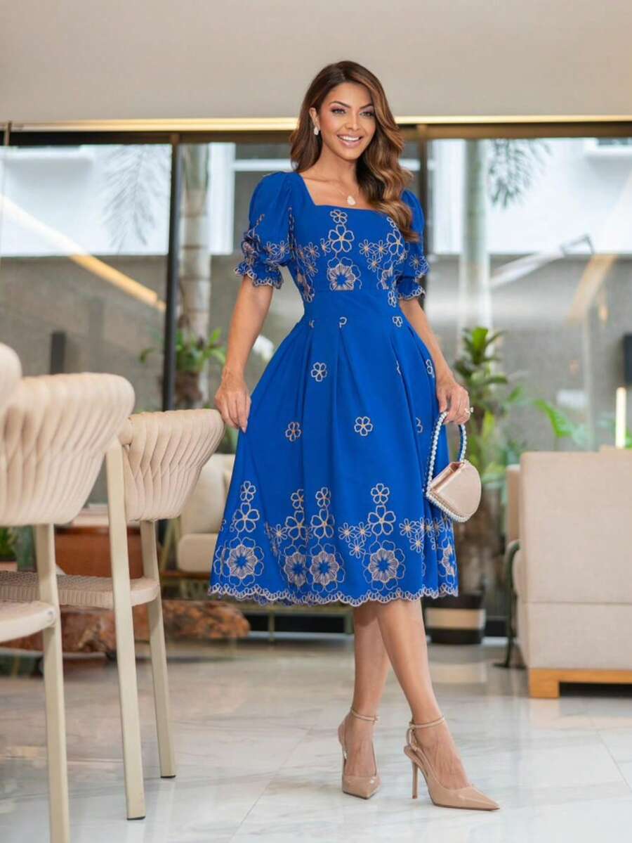Elegant Embroidered Viscose Midi Dress With Short Sleeves. - Royal Blue - View 1