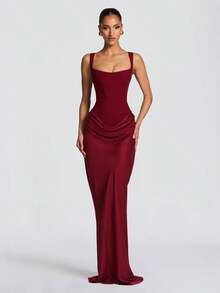 2026 Women's Casual Long Sleeve Slim Fit Fishbone Pure Desire Sleeveless Maxi Dress Solid Color Bodycon Dress - 酒紅色 - 查看 1
