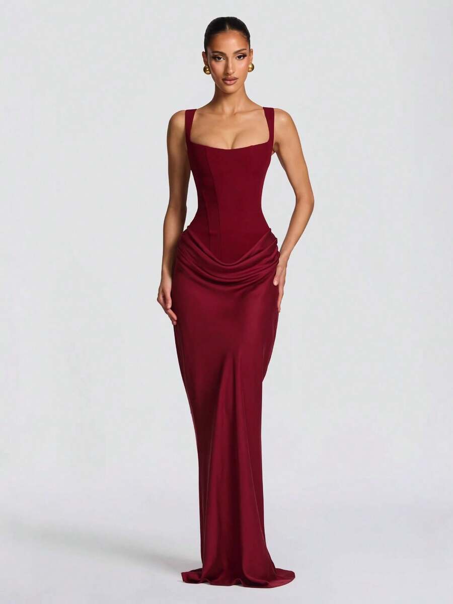 2026 Women's Casual Long Sleeve Slim Fit Fishbone Pure Desire Sleeveless Maxi Dress Solid Color Bodycon Dress - 酒紅色 - 查看 1