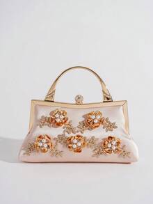 Floral Wristlet Clutch Bag, Party Elegant Handbag, European And American Style Chic Purse, Large Capacity Women's Bag, Formal Dress Bag, Fashion Lady Bag - Champagne - View 6