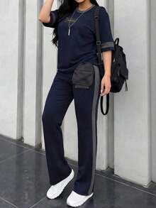 Conjunto de 2 piezas de camiseta de manga corta de cuello redondo y pantalones sueltos de cintura elástica para mujer, uso casual diario, elegante para primavera/otoño y verano - Azul real 66 - Ver 6