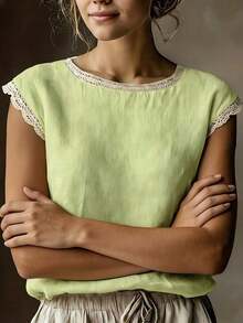 Blusa de manga corta de lino vintage para mujer, camiseta holgada de mezcla de lino con cuello redondo y parches de encaje, transpirable, para verano - verde menta - Ver 2