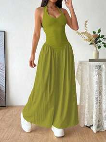 Vestido con escote en V profundo, estilo sexy halter, empalmado con pliegues en la cintura - Verde - Ver 3