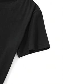 Camiseta con estampado de letras "SCHLAGER  BIE DARUM BIN ICH HIER", manga corta, cuello redondo, top casual para verano y primavera, ropa de mujer - Negro - Ver 3