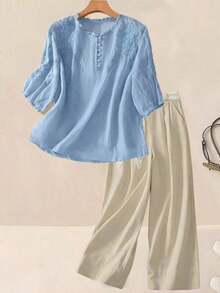 Blusa ligera y holgada de viscosa con bordado retro para mujer, para primavera y verano, casual, estilo campestre, tops de verano - Azul - Ver 7