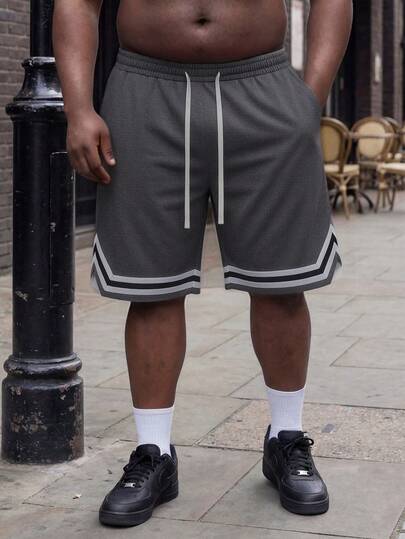 American Streetwear Colorblock Striped Basketball Shorts, Plus Size Men's Loose Fit Sports Bermuda