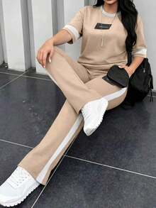 Conjunto de 2 piezas de camiseta de manga corta de cuello redondo y pantalones sueltos de cintura elástica para mujer, uso casual diario, elegante para primavera/otoño y verano - Albaricoque 117 - Ver 8