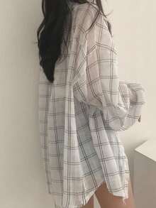Korean Chic Summer French Casual Loose Thin Plaid Long Sleeve Shacket For Women Spring White - White - View 6