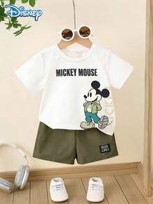 Disney 迪士尼夏季男婴米奇时尚街头字母印花可爱短袖T恤和短裤套装，卡通图案，弹力面料，适合新生儿日常穿着 - 軍綠色 - 查看 2