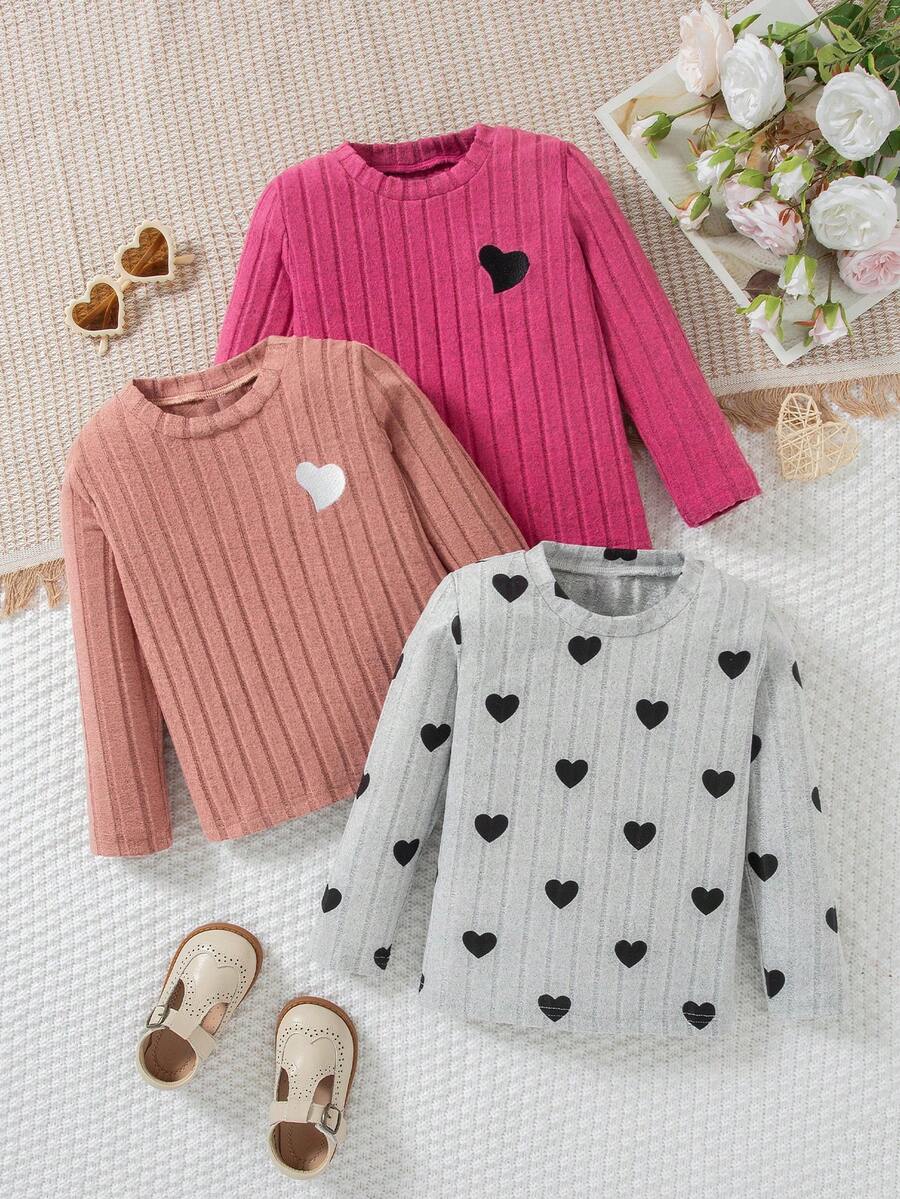 3pcs/Set Girls Heart Embroidery Decor Round Neck Long Sleeve T-Shirt Casual Tops, Spring & Autumn - Hot Pink - View 1