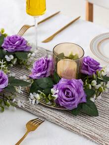 MEHELANY 1pc Purple Artificial Rose Table Centerpiece, Faux Floral Table Runner With Greenery, Fake Rose Wreath, Suitable For Home Dining Table, Birthday Party, Wedding Reception, Bridal Shower, Farmhouse Style Table Decor - Purple - View 4