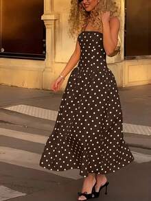 YHH2026 Nuevo vestido elegante, sexy y casual de primavera/verano para vacaciones, fiestas de té, festivales de música country, con volantes en la cintura, tirantes a lunares, color blancoYHH - Marrón - Ver 4