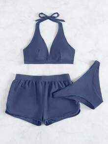 5HZN  Swim Conjunto de 3 piezas de bikini de unicolor con parte superior de cuello halter en V y Bottom triangular y braguitas para primavera/verano 2026 - Niebla azul - Ver 5