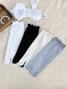 1/4 Pasang Kaos Kaki Minimalis Serbaguna Motif Garis Vertikal dengan Jari Kaki Terpisah, Panjang Setengah Betis - MultiWarna - View 6