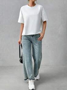 Camiseta holgada de estilo minimalista casual para mujer, con parte delantera corta y parte trasera larga, versátil para usar en la calle, adecuada para primavera y verano - Blanco 3 - Ver 8