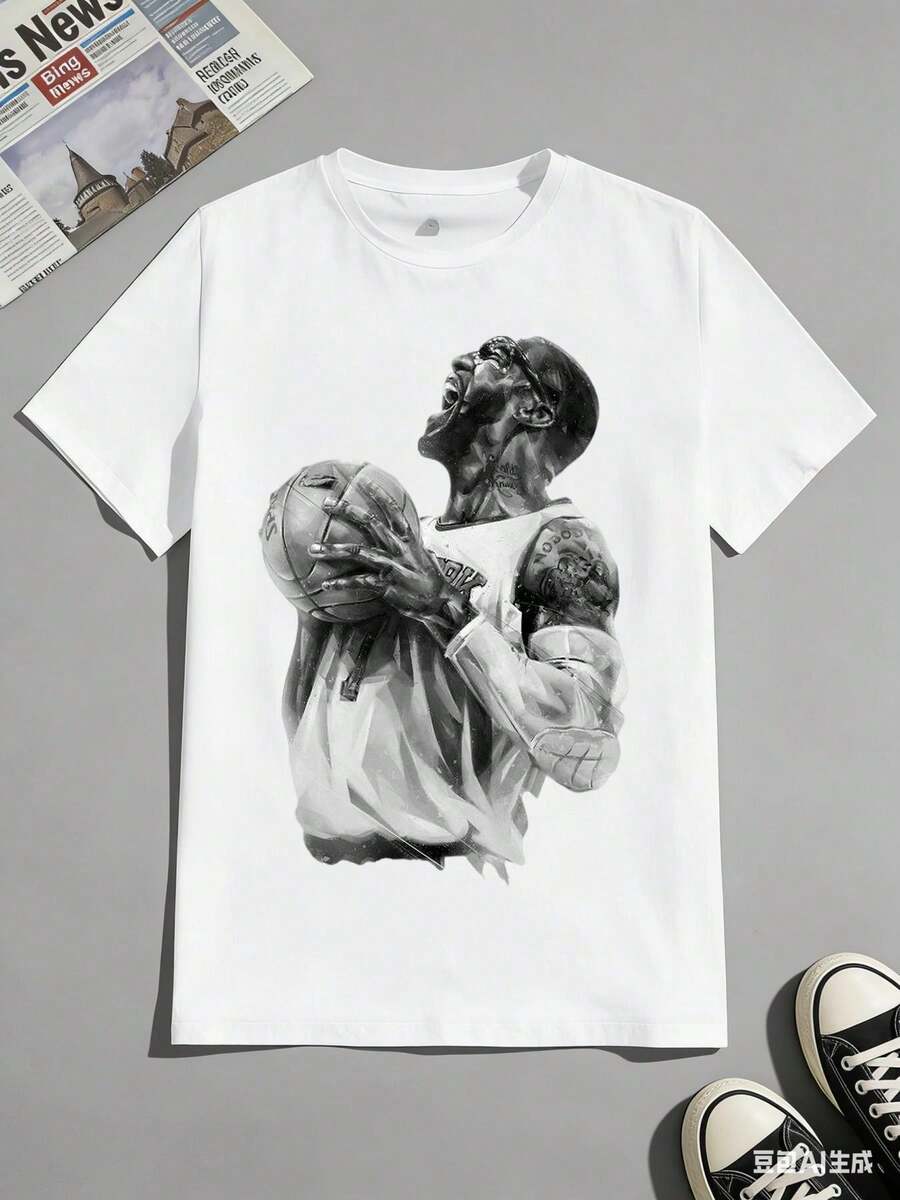 Vit T-shirt, tryckt med en slående basketbollsspelares design, är perfekt för sportentusiaster som söker komfort och stil i vardagskläder. Lämplig för fester och vardagsbruk, perfekt för semester och lek, street style, trendigt mode, utmärkt för fester och familjesemester, festivalkläder för kvinnor, sommarkläder, sommaroutfits, toppar. - Vitt - Visa 1