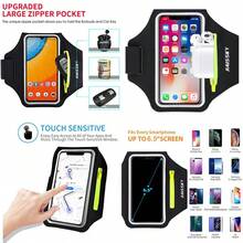 pulsera para correr con bolsa para auriculares, pulsera para teléfono celular para iPhone 17, 16, 15, Pro, 14 Plus, 13, 11 XR, Galaxy S24/S10, resistente al agua, funda para teléfono deportivo y - Negro hasta 6.5 pulgadas - Ver 1