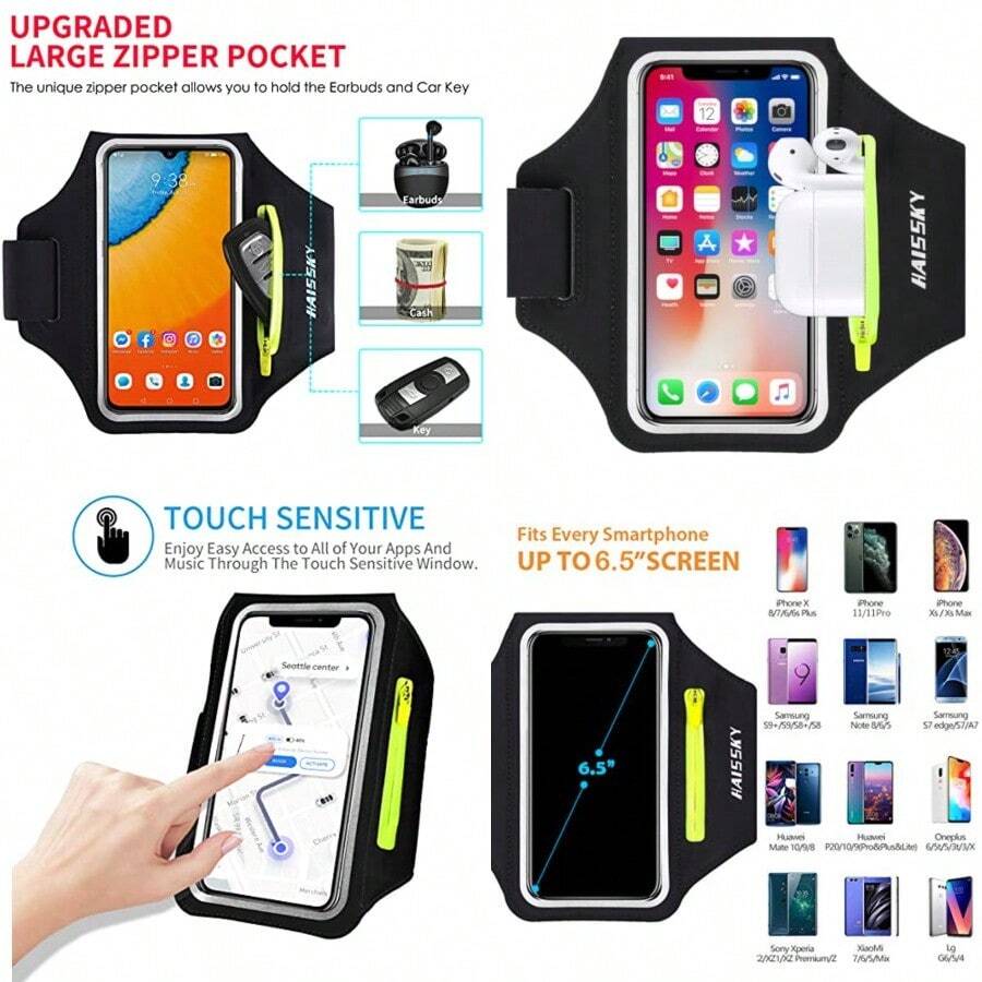 pulsera para correr con bolsa para auriculares, pulsera para teléfono celular para iPhone 17, 16, 15, Pro, 14 Plus, 13, 11 XR, Galaxy S24/S10, resistente al agua, funda para teléfono deportivo y - Negro hasta 6.5 pulgadas - Ver 1