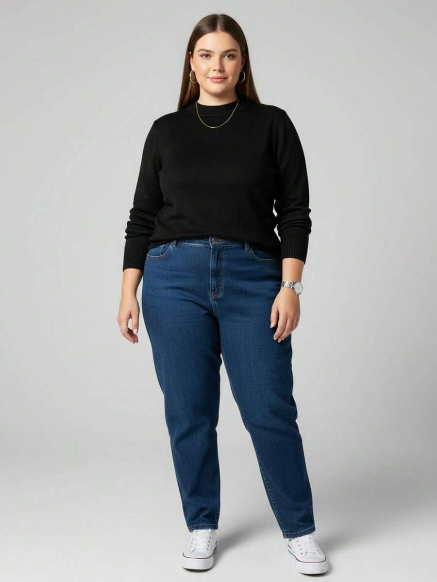 Vivi Women's Plus Size Wool Sweater For Cold Weather, Basic Knit, Long Sleeve - 黑色 - 查看 1