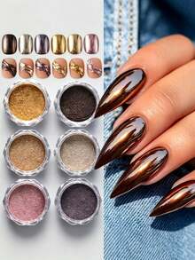 12pcs/Set Elegant Golden Metallic Nails Glitter Magic Mirror Powder Autumn Winter Reflective Glitter Dust Y2K Luxury Design Nail Art Decoration Festive Manicure - Multicolor - View 4