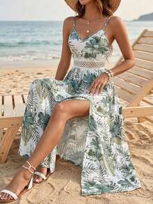 Women's High Slit V-Neck Maxi Dress Floral Print Sleeveless Sundress Spaghetti Straps A Line Dresses With Cut Out Waist For Summer Casual And Mother's Day Gift - màu xanh lá - Xem 2