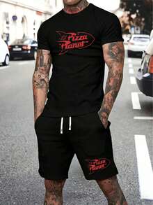 Disney Retro Pizza Planet Toy Story Two-Piece Set: Retro Rocket Logo Pattern T-Shirt And Shorts - Casual And Comfortable Men's Sports Suit - Black - View 2