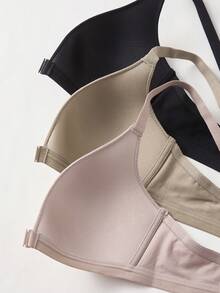 3pcs Women V-Neck Comfortable Wireless Front Closure Soft Cup Solid Color Cotton Bras With Adjustable Straps - Multicolor - View 11