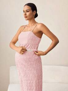 MaterniWear Set de 2 piezas de conjunto informal de camiseta de tirantes y pantalón de pierna ancha con estampado floral para maternidad - Rosa Pálido - Ver 6