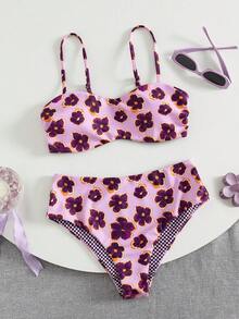 Bộ bikini hai mảnh in hoa dễ thương dành cho nữ, kiểu áo quây, cạp cao, thích hợp cho kỳ nghỉ xuân/hè ở bãi biển. - Nhiều màu - Xem 3