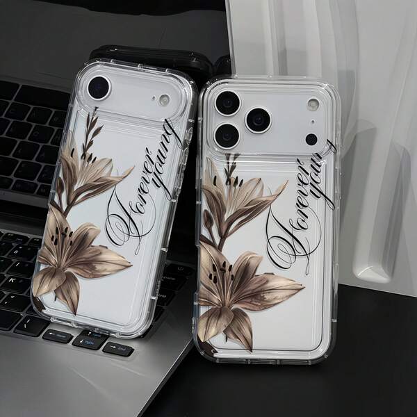 Flower 1pc Air Cushion Shock-Absorbing Transparent Minimalist Lens Protection Anti-Fall Anti-Collision Caramel Lily Pattern Phone Case, Suitable For IPhone 16 Pro Max, 17/16/15/14 Plus/13/12/11, Air, Series