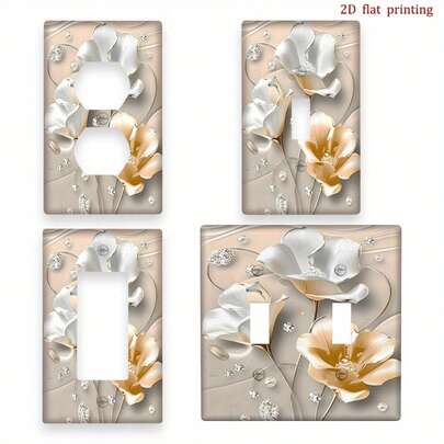 1pc Luxury Faux Pearl Floral Switch Panel - Elegant 2D Flat Print Socket Wall Plate, Gold Design, Suitable For Single/Double Rocker Switch /Retrofit Installation, Bedroom Kitchen Decor Panel, 2D Flat Style