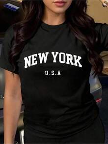 1 pieza 180g de camisetas unisex sueltas con cuello redondo y manga corta, diseñadas por artistas Y2K en el estilo Bababask, hechas de 100% algodón puro. Son casuales y versátiles, adecuadas para ropa de calle, salidas diarias, acampar, conciertos, eventos de hip-hop, rock y rap, con estampados de celebridades. Ideales para festivales, otoño y uso durante todo el año. Nueva York, EE. UU. - Negro - Ver 1