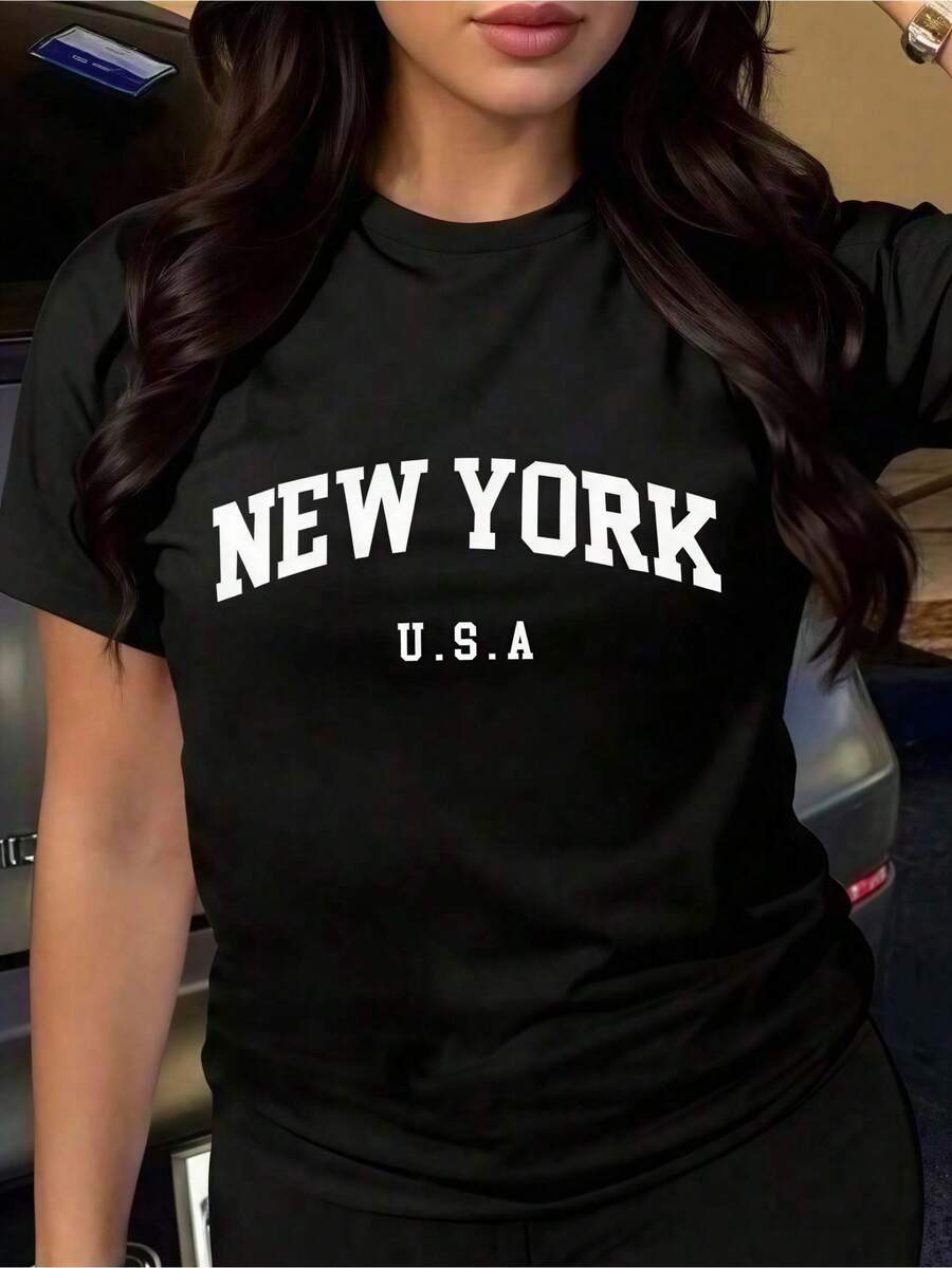 1 pieza 180g de camisetas unisex sueltas con cuello redondo y manga corta, diseñadas por artistas Y2K en el estilo Bababask, hechas de 100% algodón puro. Son casuales y versátiles, adecuadas para ropa de calle, salidas diarias, acampar, conciertos, eventos de hip-hop, rock y rap, con estampados de celebridades. Ideales para festivales, otoño y uso durante todo el año. Nueva York, EE. UU. - Negro - Ver 1