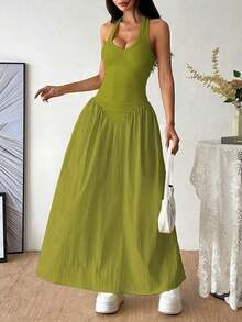 Vestido con escote en V profundo, estilo sexy halter, empalmado con pliegues en la cintura - Verde - Ver 4