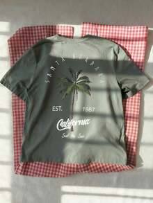 Compatible With Women's Holiday-Style Short-Sleeved T-Shirts, With Round Neck, Palm Tree Print And Lettering, In White, Pink And Black For Summer. - Grass Green - View 8
