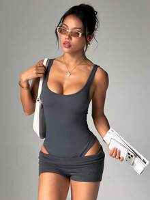 Women's Basic Solid Color Ribbed Knit Jumpsuit, Ribbed Solid Color Fashion Sportswear Jumpsuit, High Stretch Yoga Jumpsuit, Spring/Summer - Grey - View 3