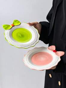 1pc Colorful Bowknot Ceramic Plate, Ins Style Creative Handpainted Embossed Plate, Bowknot Design & Colorful Round Plate, Suitable For Daily Western Dining, Birthday Cake, Snacks, Storage, Dishwasher - Multicolor - View 6