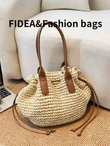 Nuevo bolso de paja de gran capacidad para vacaciones de verano para mujeres, con cierre de cuerda hueca anudada, casual y elegante, versátil, adecuado para la playa, vacaciones y otras ocasiones - Blanco - Ver 12