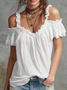 Spring/Summer New Bohemian Style White Cold Shoulder Casual Fashion Solid Color Camisole Shirt Elegant Elegant Short Sleeve Camisole Women's Top, Vacation Home Commute, Women's Elegant Top - White - View 2