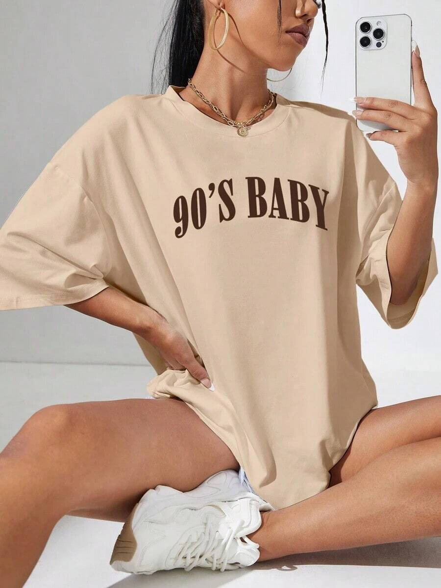 Camiseta gráfica de hombros caídos y sobredimensionada con diseño de letras, blusas gráficas para mujer, unisex - Albaricoque - Ver 1