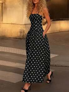 2026 Nuevo vestido elegante, sexy y casual de primavera/verano para vacaciones, fiestas de té, festivales de música country, con volantes en la cintura, tirantes a lunares, color blanco - Negro - Ver 1
