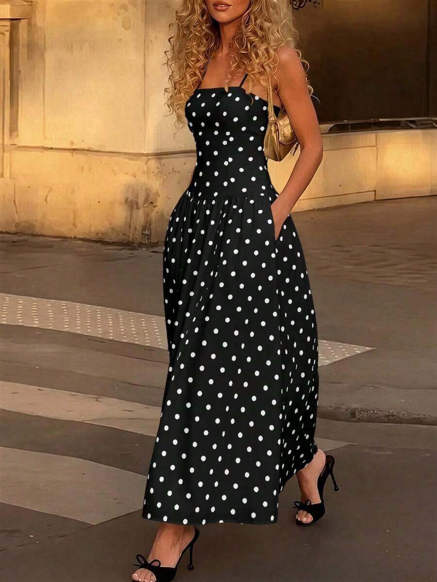 2026 Nuevo vestido elegante, sexy y casual de primavera/verano para vacaciones, fiestas de té, festivales de música country, con volantes en la cintura, tirantes a lunares, color blanco - Negro - Ver 1